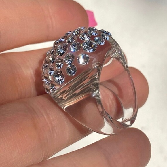 Women’s Acrylic Ring With Crystal Embellished Stones, Statement Ring, Clear - Picture 12 of 16
